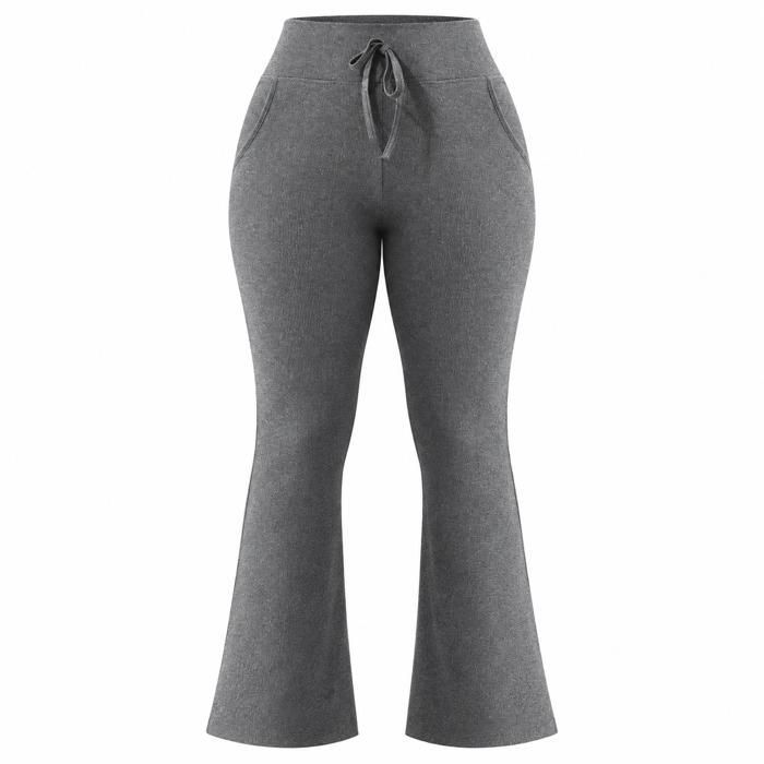 ENSEMBLE DE VETEMENTS DE SPORT Pantalon femme côtelé taille haute coupe évasée cordon et poches grandes tailles 1XL-5XL gris
