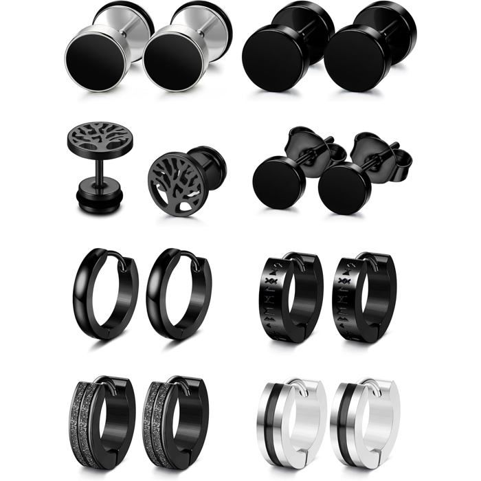 8 Paires Boucles DOreilles Hommes Boucles DOreilles Noires En Acier Inoxydable Hypoallergénique Piercing Oreilles Créoles [PP37]