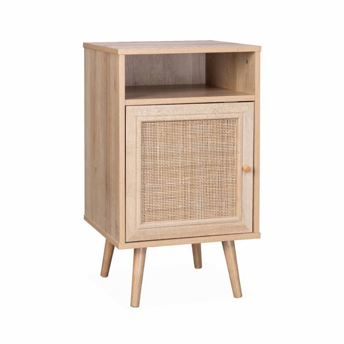Table de chevet en cannage coloris naturel - Bohème - 40x39x70cm. naturel - 2 niveaux - 1 porte - 1 espace de rangement - pieds
