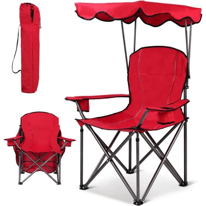 COSTWAY Chaise de Camping Pliante avec Accoudoirs, Pare-soleil, Porte-gobelet Charge120KG Fauteuil de Camping pour Plage Pêche Rouge
