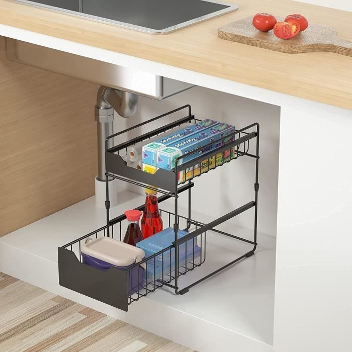 Organisateur Sous évier 2 Niveaux Coulissant - Métal, Hauteur Réglable 41-49 Cm, Noir - 1