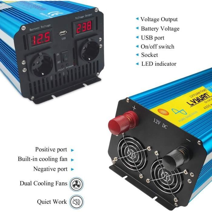 Convertisseur 12V Vers 230V Sinus Pur 4000W (8000W Pic) - Avec Télécommande Et USB - Pour Camping, Bateau - 9