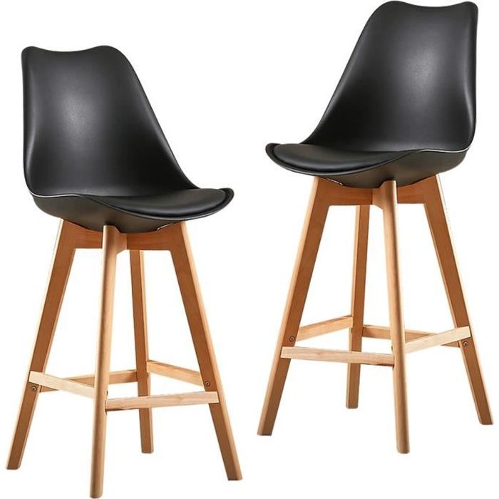 chaise de bar scandinave - lot de 2 - noir en bois massif et simili
