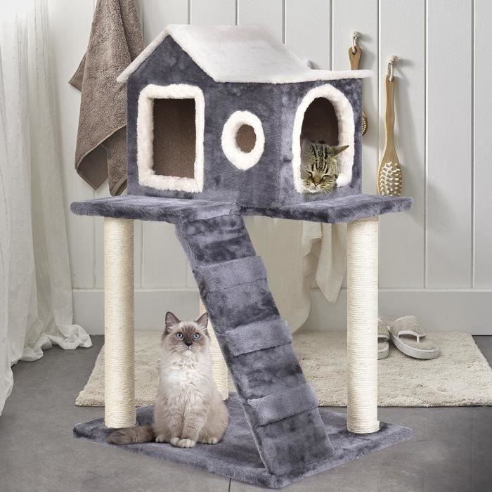 Costway Arbre A Chat Griffoir 60 X 45 X cm Centre D Activites Grotte Maisonnette Niches Colonnes Renforcees Echelle Gris Fonce Cdiscount Animalerie