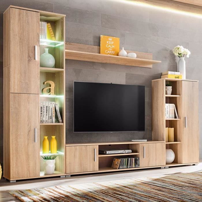 Meuble Tv Unite Murale Tv Avec Lumieres Led Chene Sonoma Achat Vente Armoire De Chambre Meuble Tv Unite Cdiscount
