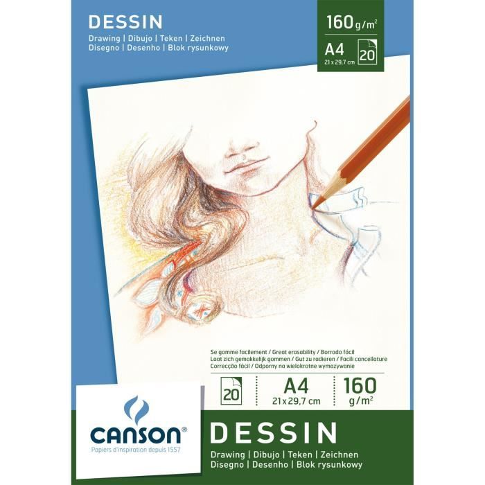 CANSON Bloc papier Dessin Blanc 20 feuilles grand format A4 160g