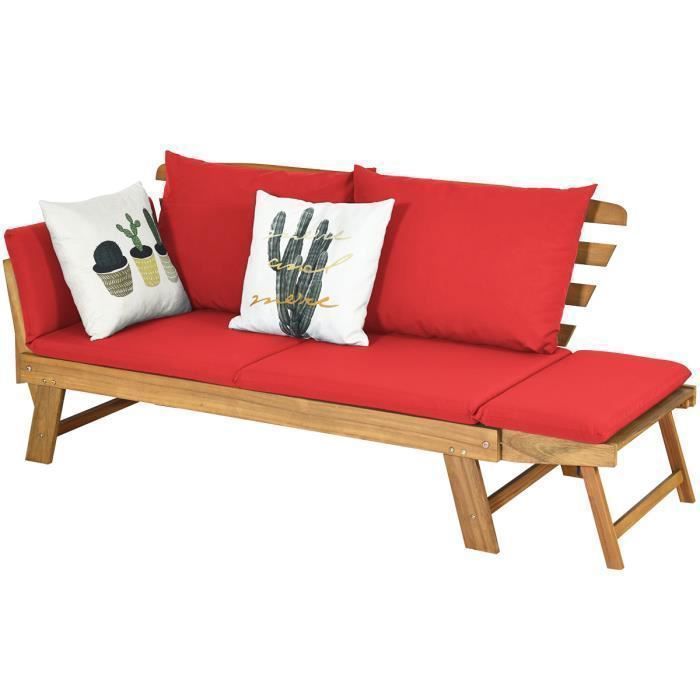 COSTWAY 3 en 1 Canapé Lit de Jardin Convertible FSC en Bois d’Acacia - 2 Places Charge 320KG - Coussins-Dossier Amovibles - Rouge