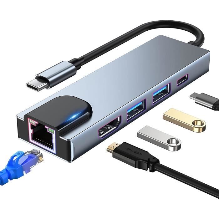 Adaptateur multiport USB C Hub, Station d'accueil USB C 5 en 1 avec HDMI 4K, Ethernet RJ45, USB3.0, PD 100 W, Compatible MacBook