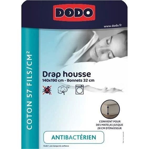 Drap Housse Coton DODO - Antibactérien - 140 x 190 cm - Blanc Drap Housse Coton DODO - Antibactérien - 140 x 190 cm - Blanc