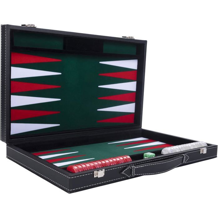 Backgammon de Luxe 18 455 cm- Haute qualité -Simili Cuir Feutre spécial incrusté jetons et dés nacrés (Blanc/Rouge/vert))