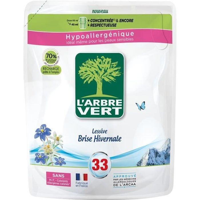 L'ARBRE VERT Recharge Lessive liquide Brise hivernale - Hypoallergénique - 33 lavages - 1,5 L