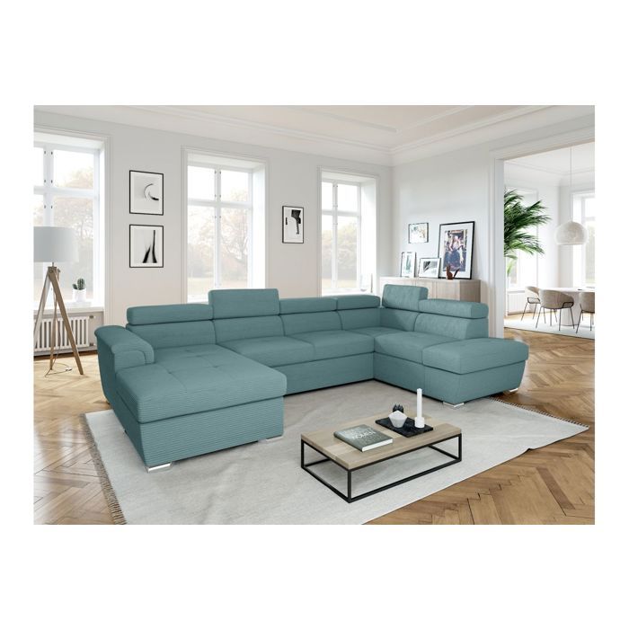 Canapé panoramique 6 places PAOLA convertible avec 2 coffres en velours côtelé - Bleu clair - L320 5 x P188 x H76cm - LOUNGITUDE Canapé panoramique 6 places PAOLA convertible avec 2 coffres en velours côtelé - Bleu clair - L320 5 x P188 x H76cm - LOUNGITUDE
