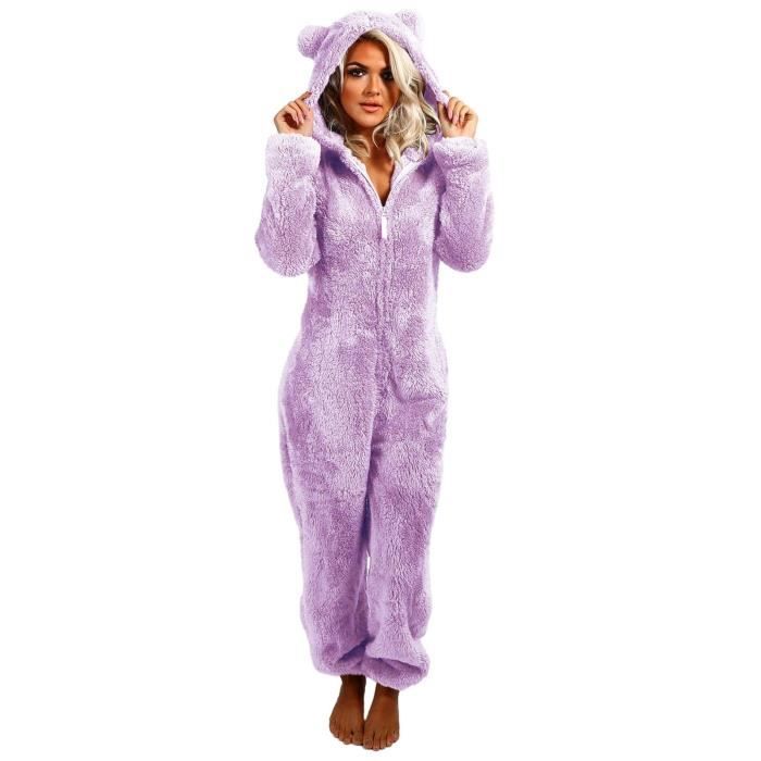 Combinaison Pyjama Femme Hiver Barboteuse Polaire Capuche VeTement En Peluche Nuit Adulte Costume Loungewear Unisexe Violet