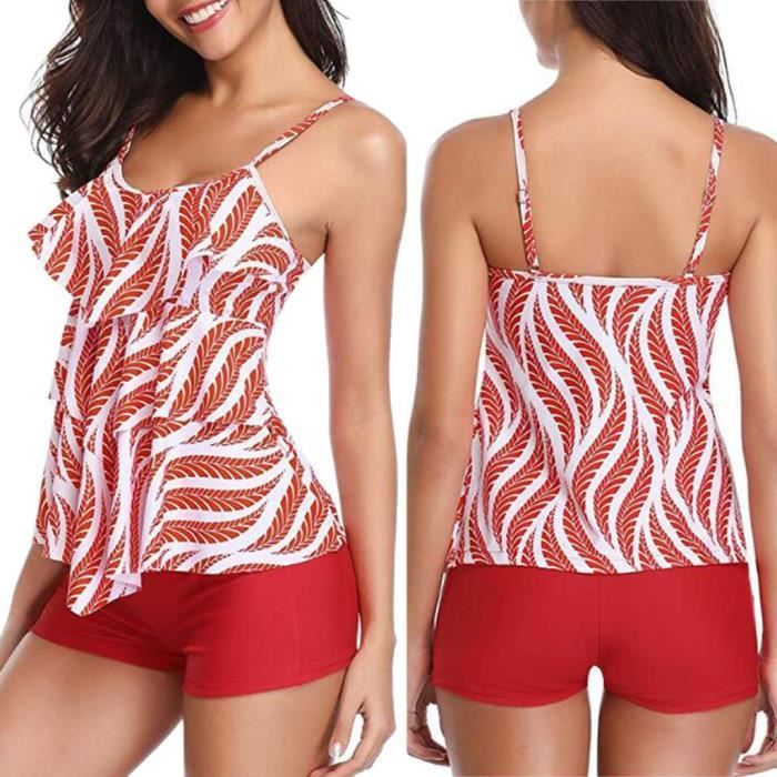 Tankini Rouge Femmes 2 Piece Flounce Top imprimé avec Boyshorts Tankini Bikini rouge ...