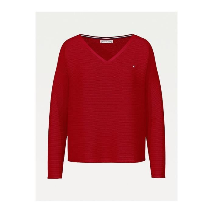 Tommy Hilfiger Premium Cotton Pull Homme ~ Grand Col V Serré Tricot Rouge  Logo