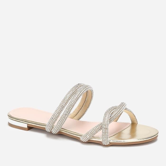 Mules plates dor es multi brides en strass Jaune Synth tique