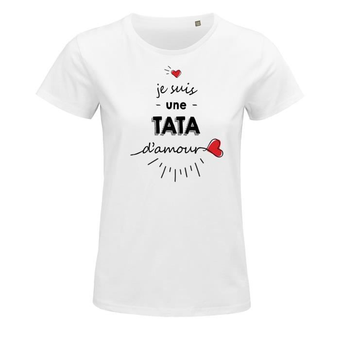 T shirt femme Tata d amour S Marque Blanc Coupe ajustee Manches courtes Col capuche