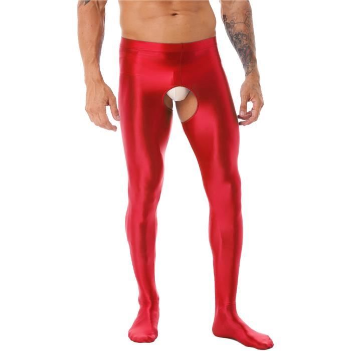 IEFIEL Homme Collant Ouvert Entrejambe Brillant Huile Pantalon Moulant PU Cuir Danse Bal Club