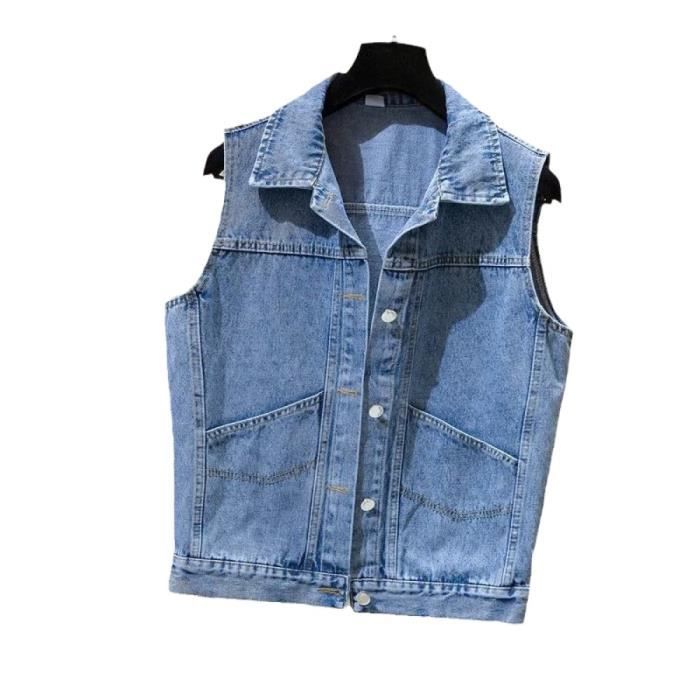 Gilet En Jean Sans Manches Pour Femme Veste De Gilet En Detresse A Double Poche A Revers Simple Couleur Unie Haut De Gil Blue 3XL Blue Cdiscount Pret a Porter
