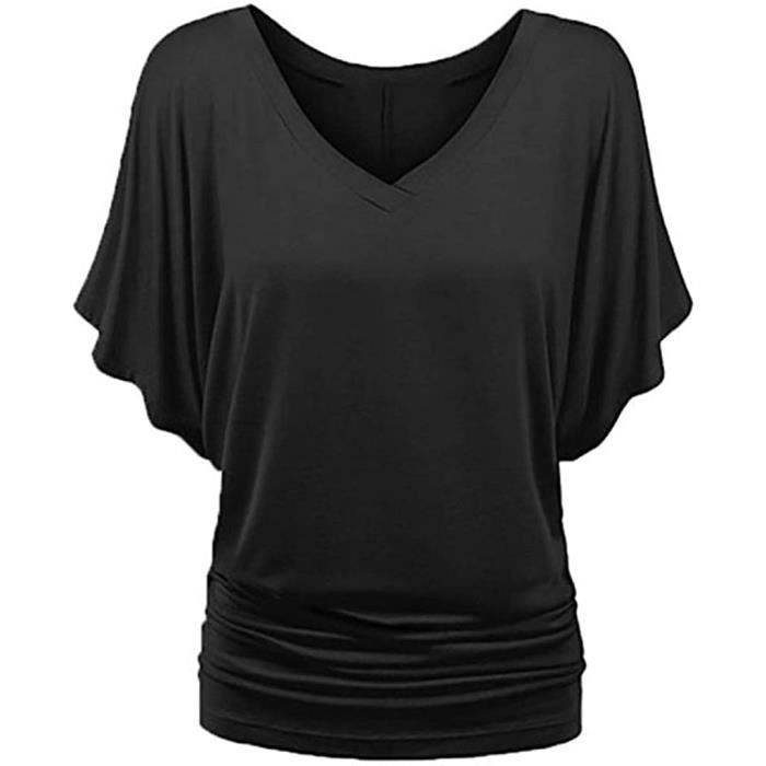 Tee Shirt Femme ??t?� ?? pour Femme Grande Taille Femmes Col en V Solide Ourlet Manches L?�che 