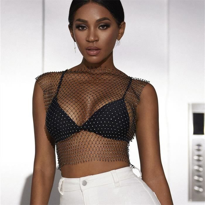 Chemisier Chemisier transparent sexy pour femme haut court en maille pour femme vetements de soiree club camis pour O neck black Blanc Cdiscount Pret a Porter