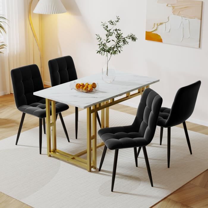 table à manger blanc 120 x 70 cm avec 4 chaises en velours noir, table à pieds en fer doré