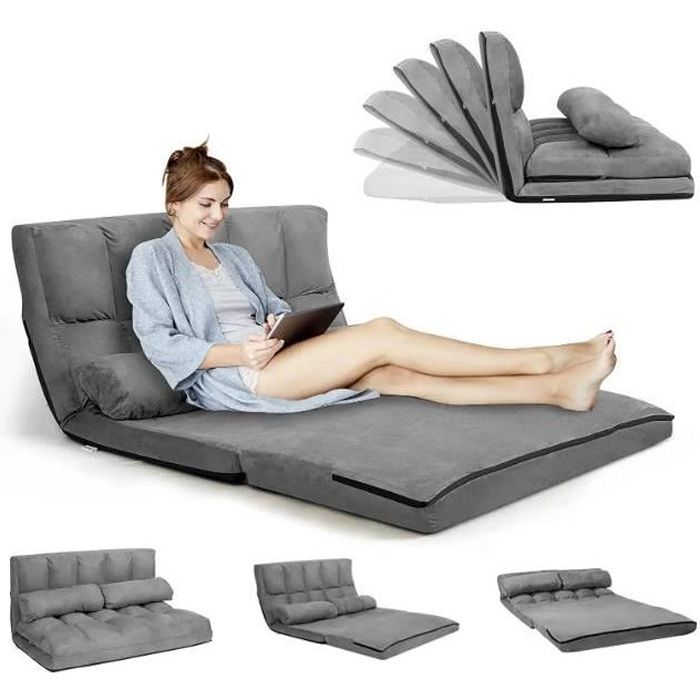 RELAX4LIFE Chauffeuse 2 Personnes Pliable en Daim Dossier Réglable de 90°-180° de 6 Positions avec 2 Oreillers Charge Max