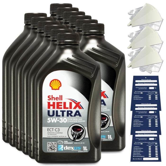 12 litres d'huile moteur originale Shell Helix Ultra ECT 5W30 C3 550042845 ACEA 03 SET