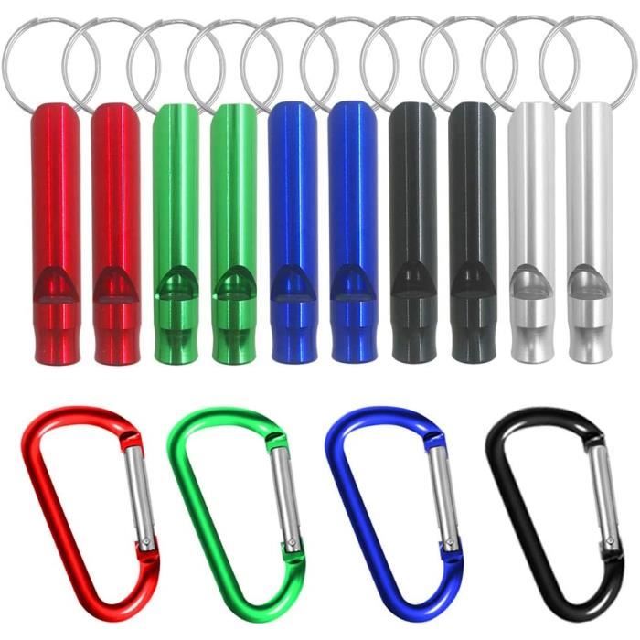 Lot De 10 Sifflets Aluminium FineGood – Avec 4 Mousquetons D, Couleurs Variées – Survie, Arbitrage, Camping, Randonnée, Portable