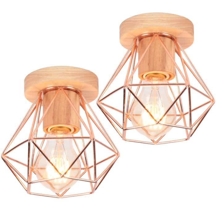 TOKIUS Lot de 2 Plafonnier Industrielle en Métal Bois Lustre Abat-jour 15CM Vintage Luminaire E27 Or Rose pour Salon Couloir Bar