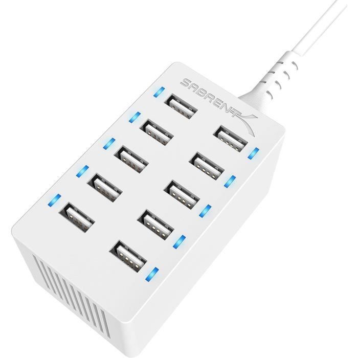 Chargeur USB 60W 10 Ports - Station De Bureau Charge Rapide Pour Multiple Appareils (téléphone, Tablette, PC)