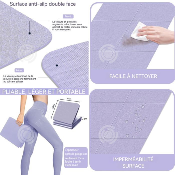 Tapis De Yoga Pliable Antidérapant En TPE Recyclable - 183x61 Cm - Épaisseur 4mm - Léger 0.5kg - Parfait Pour Yoga, Pilates, Voyage - 5