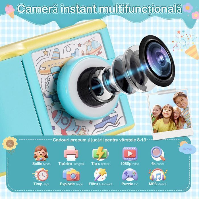 Appareil Photo Instantané Pour Enfants – Écran 3,0 Pouces – 1080P – 32 Go + 3 Rouleaux De Papier – Cadeau 3-12 Ans