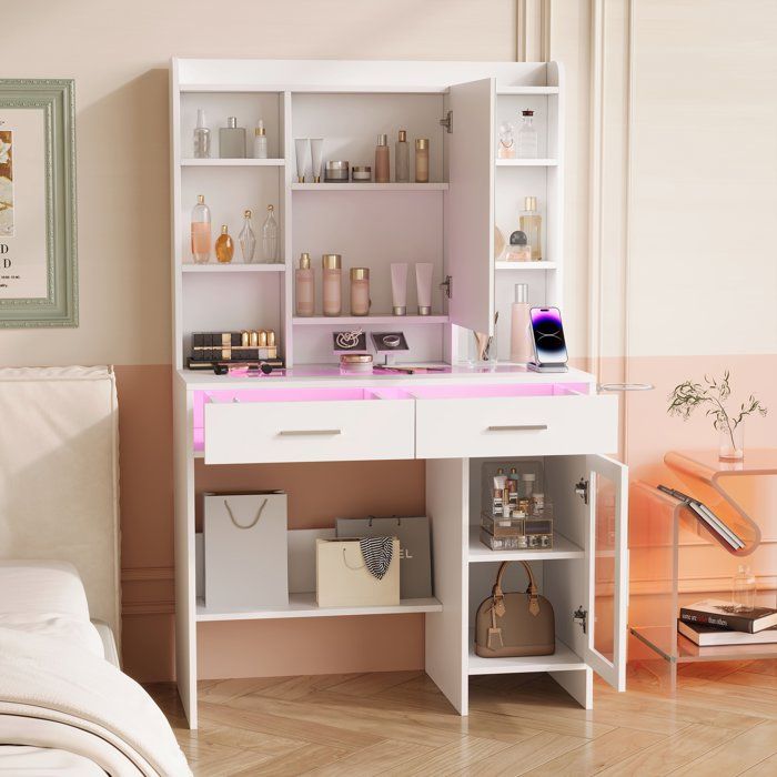 WOLTU Coiffeuse avec Plateau en Verre Miroir, Grande Coiffeuse avec LED Réglable, 9 Tiroirs, Prise de Courant, Blanc | Leroy Merlin