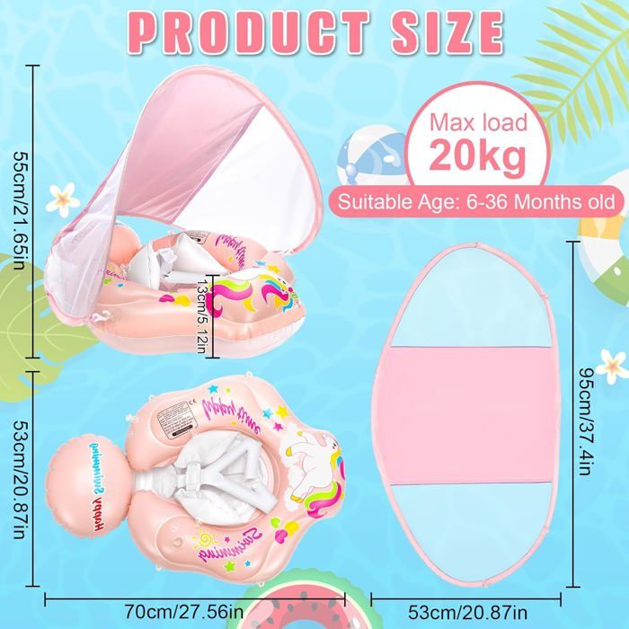 Bouée Bébé Avec Pare-Soleil UPF 50+ – PVC 0,35 Mm – Harnais 360° – 6 à 36 Mois – 5-20 Kg – Pompe Et Patch Inclus – Rose