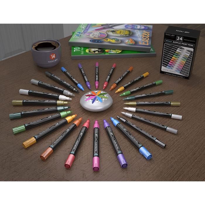 TOOLI-ART Lot de 24 stylos acryliques de taille moyenne Pointe 3 mm  Peinture sur pierre