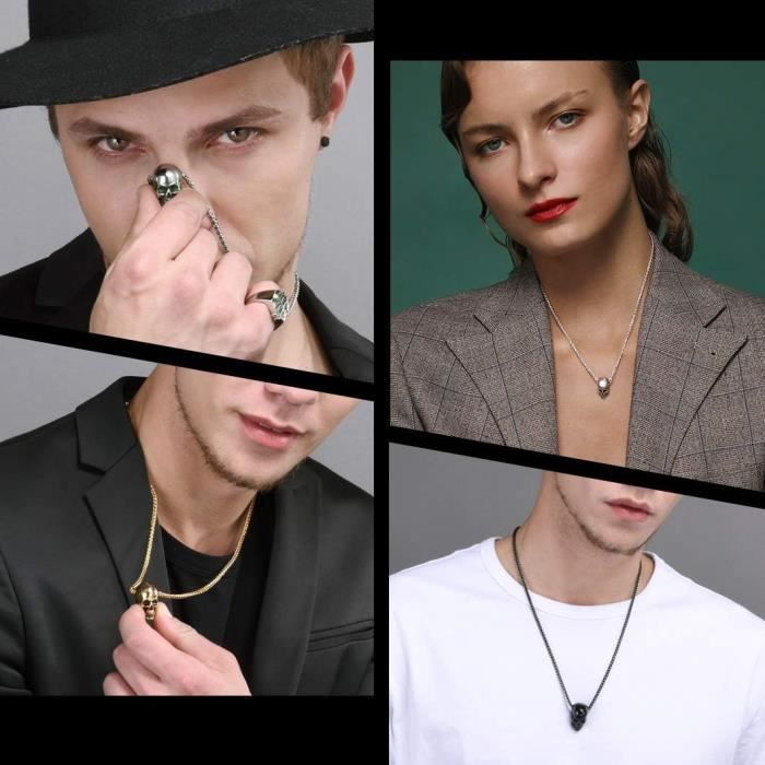 Collier Homme Chaîne Lourde Avec Pendentif Tête De Mort - Style Biker Rock Johnny - Métal Argenté - Neuf