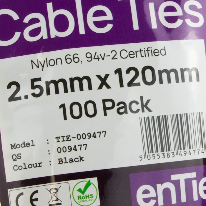 1000 Attaches Câbles Auto-bloquantes Nylon – 100 X 2,5 Mm – Noires