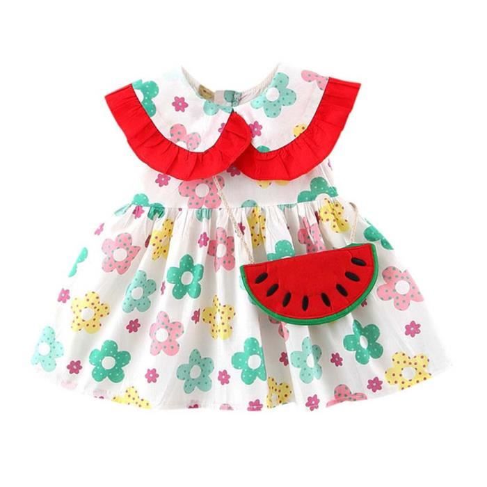 Enfant en bas age bebe enfant fille col claudine floral pasteque robes de princesse d ete rouge Rouge Cdiscount Pret a Porter