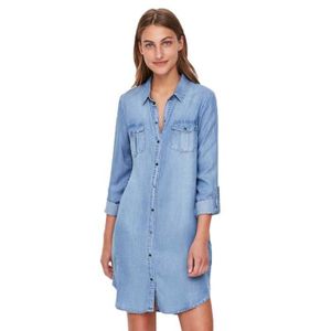 Robe en jean droite à manches longues et poches pour femme, tenue
