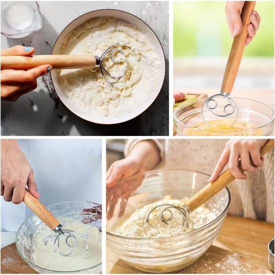 Fouet Danois 33 Cm En Acier Inox 304 - Pour Pâtes épaisses, Mélange Manuel - Manche En Bois