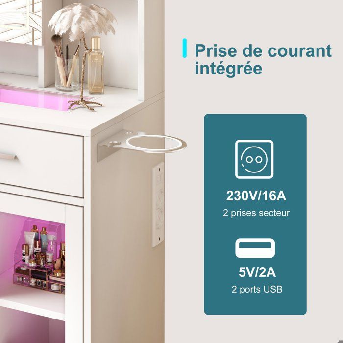 Coiffeuse avec tiroirs de rangement, Grand miroir, LED éclairage, tabouret inclus, Table de maquillage, Meuble de rangement, blanc - Maison