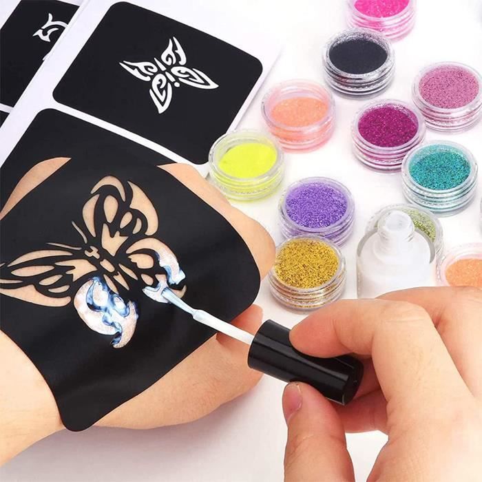 Kit De 40 Pochoirs à Tatouages Pailletés + 10 Couleurs – Art Corporel Pour Enfants – Marque Dazzle