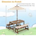 GIANTEX Ensemble Table de Jardin et 2 Bancs Enfant en Bois avec Parasol Amovible /Réglable,Table Pique-Nique en Extérieur,Brun+Café-3