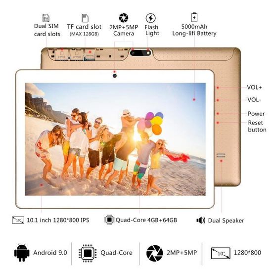 Or Tablette Tactile 10 Pouces 4G FHD 4Go RAM 64Go ROM Android 9.0 Tablet PC Quad Core Batterie 6500mAh Dual SIM Caméra WiFi,GPS,OTG Tablette avec Haut-Parleur Bluetooth 