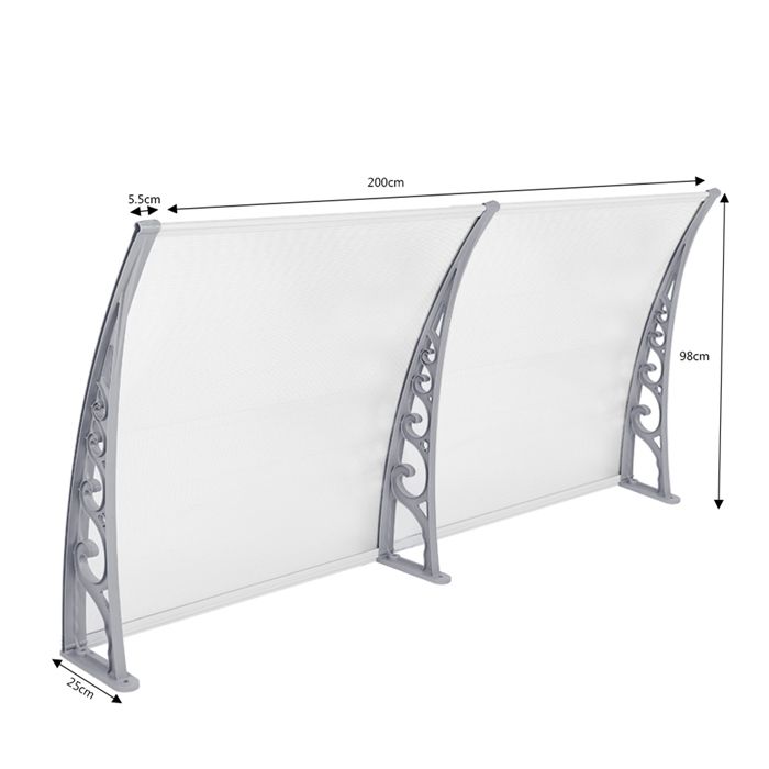 Auvent De Porte 200×100 Cm – Marquise Polycarbonate Transparent Arc Pentu, Protection Pluie UV Neige Pour Entrée, Terrasse, Balcon, Patio
