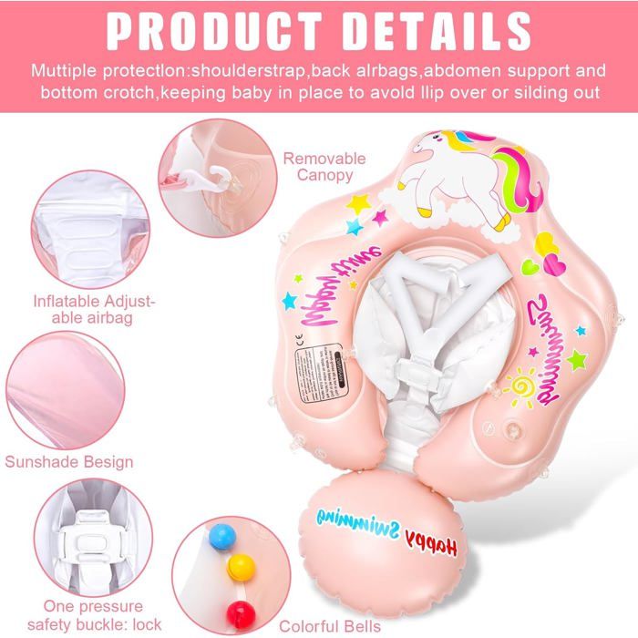 Bouée Bébé Avec Pare-Soleil UPF 50+ – PVC 0,35 Mm – Harnais 360° – 6 à 36 Mois – 5-20 Kg – Pompe Et Patch Inclus – Rose