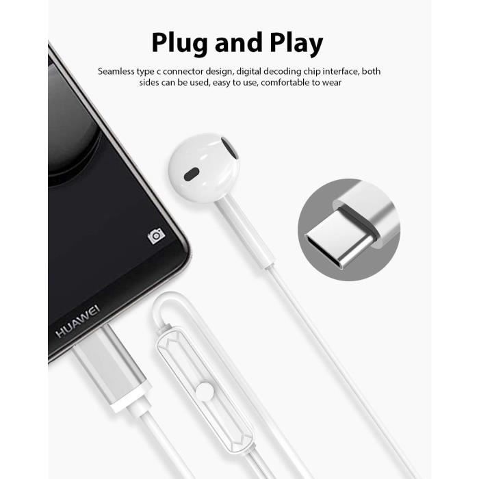 Écouteurs USB Type C Intra Auriculaires TRILINK Pour Huawei Mate 20 / P30 / P20 - Micro Et Contrôle Volume
