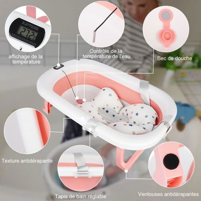 Baignoire Bébé Pliable XXL Avec Thermomètre - De 0 à 2 Ans - Coussin Antidérapant Inclus
