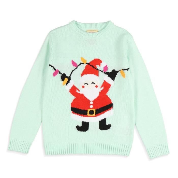 Pull de Noel Pere Noel Vert d Eau Enfant Fille Vert d eau rouge noir blanc et jaune Cdiscount Pret a Porter